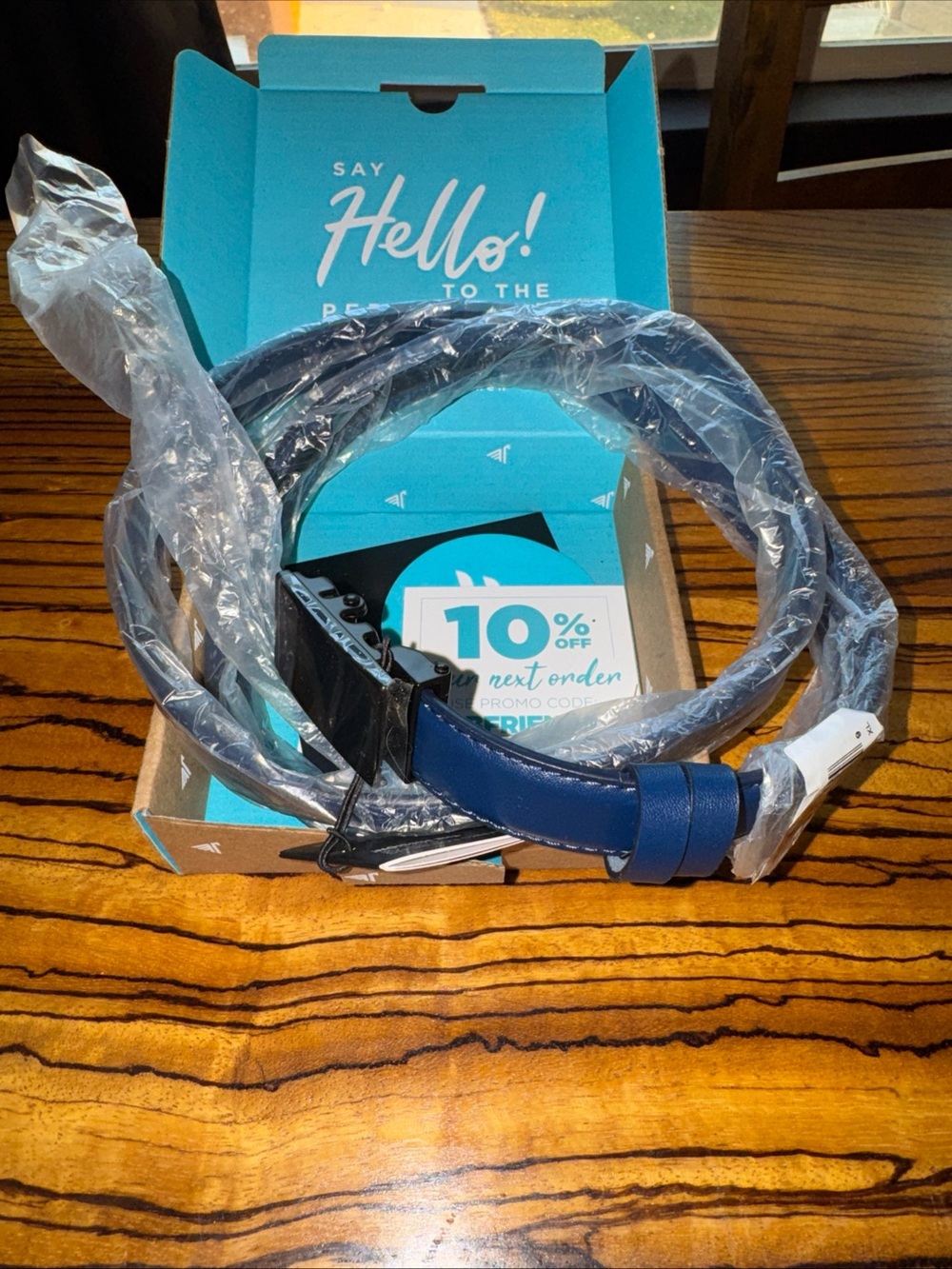 NWT women’s Mission Blue Leather Belt with Black Buckle one size adjustable